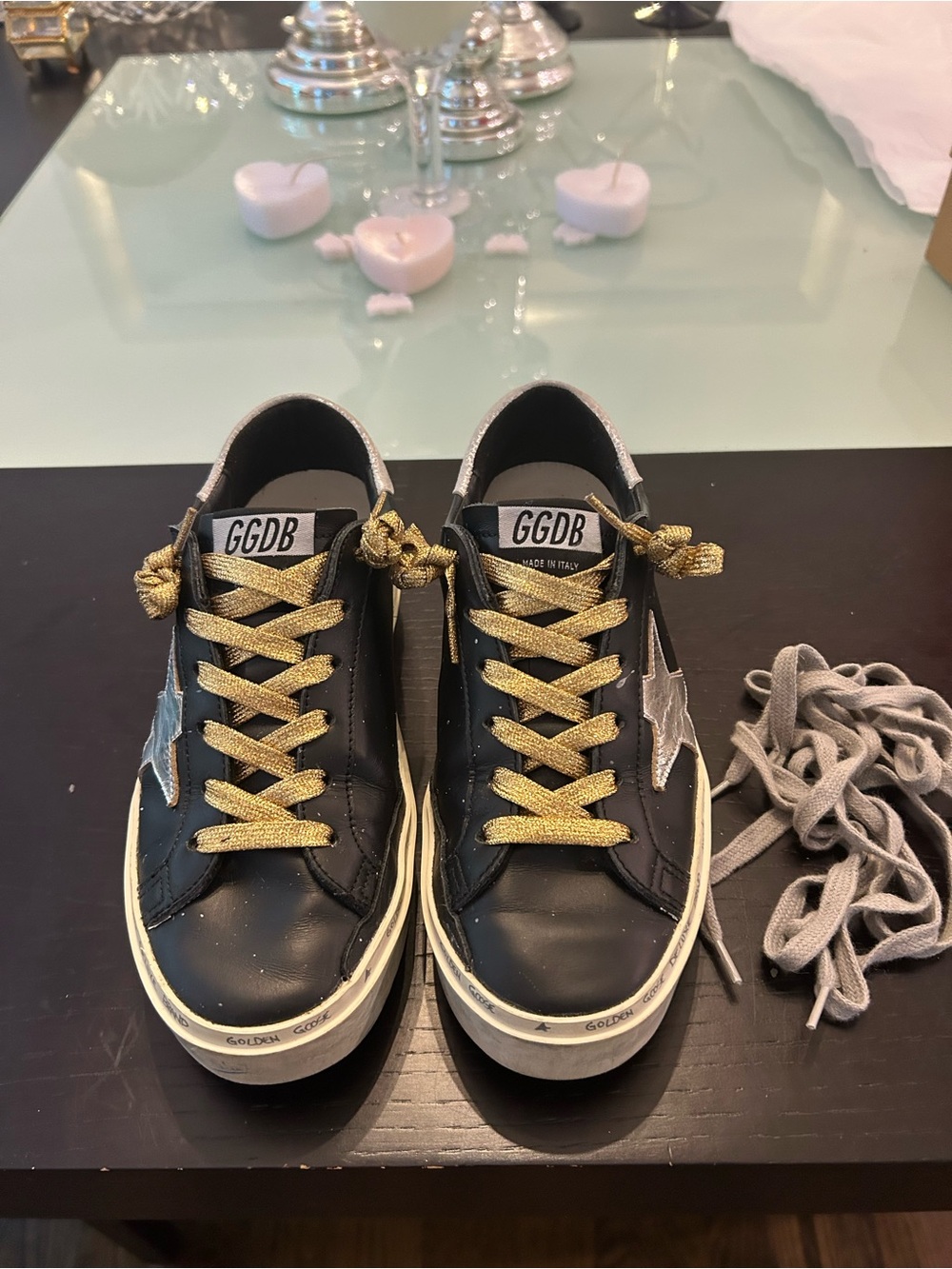 Golden Goose Black Leather Sneakers with Silver Star & gold laces